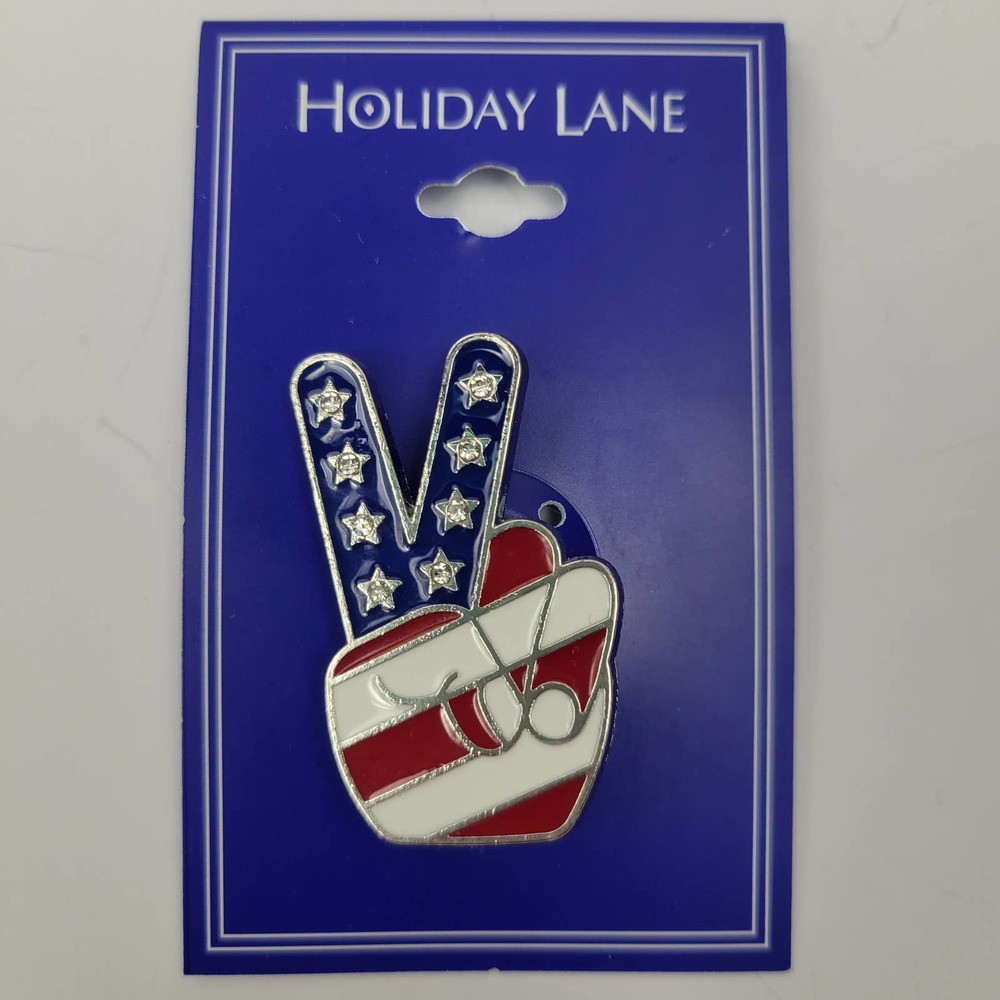 Holiday Lane Silver-Tone Pave Red, White & Blue Peace Sign Pin 250th Anniversary